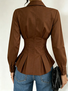 Blusa Casual de Mujer con Solapa, Volantes, Manga Larga, Cintura Fruncida y Plisada, Ajuste Delgado - Product Image 3