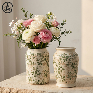 <span class=keywords><strong>Vase</strong></span> en céramique floral vert sauge style campagnard français vintage ARM LVG, pots à fleurs rustiques en porcelaine émaillée, récipients de décoration intérieure - Product Image 1
