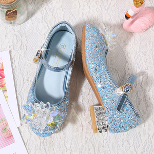 2026 New Fashion Princess Shoes for Girls Blue High Heels with Crystal Flowers for Big Kids Anti-Slip Children's Shoes - Product Image 3
