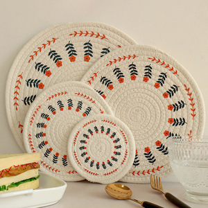 Nordic Style Cotton Linen Round Placemat Heat Insulating <b>Table</b> Mat With Floral Pattern Washable For Dinnerware <b>Protection</b> - Product Image 2