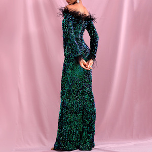 MF off the Shoulder Bow Empire Waist <b>Prom</b> Feather Dinner Shinny Women Maxi Green Sequin Banquet <b>Party</b> Dress - Product Image 4