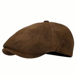 หมวกทรงนักข่าวสไตล์วินเทจอังกฤษ สำหรับฤดูใบไม้ร่วงและฤดูหนาว หมวกเพนท์เตอร์ลำลองสำหรับผู้ชายและผู้หญิง หมวกเบเร่ต์สีพื้นผ้าหนังกลับ - Product Image 4