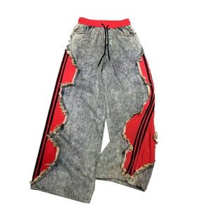 Jeans Anchos de Hip Hop al por Mayor para Hombre, Pantalones Largos Grises Lavados con Contraste Lateral y Efecto Desgastado, Estilo Urbano - Product Image 3