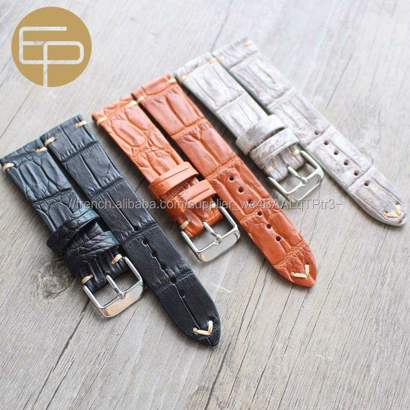 12 14 16 18 20 22 24mm Crocodile d'alligator plat en cuir de veau véritable bande de montre à la main renforcer couture