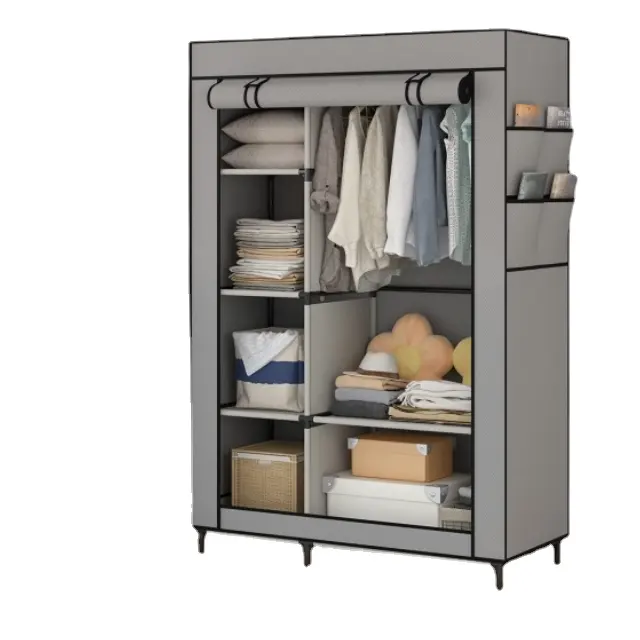 XY El mejor armario portátil Almacenamiento de ropa Muebles para el hogar con 6 estantes y riel colgante Dormitorio gris