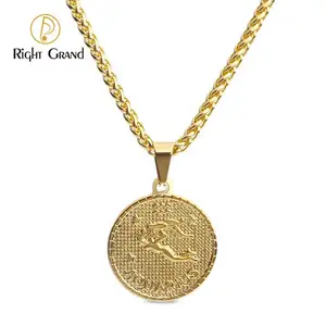 右大不锈钢黄金12生肖标志符号Horoscop硬币吊坠链项链