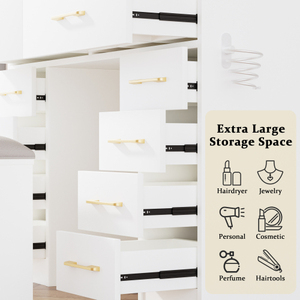 46 "Glass Top Vanity bàn với 10 ngăn kéo trang điểm Vanity với gương và phân, 3 chế độ chiếu sáng bàn trang điểm, ổ cắm điện - Product Image 5