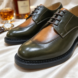 Chaussures Derby en cuir vert olive vintage de luxe pour hommes, chaussures habillées à lacets à semelle épaisse et finition bruni, chaussures décontractées à bout amande - Product Image 4