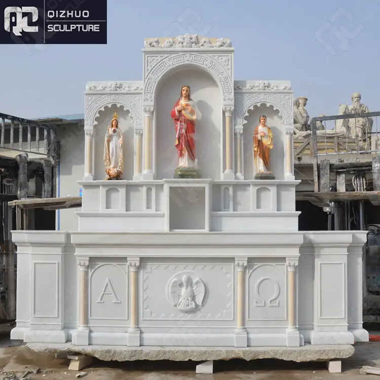 Large Size Antique Modern Design Hand Carved Religious Marble Altar Table With Virgin And Jesus Statue For Church