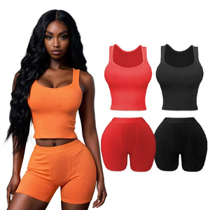 Ensemble décontracté d'été pour femmes, débardeur et short côtelés en coton et élasthanne, sans manches - Product Image 1