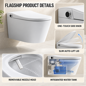 Inodoro Inteligente de Pared con Control por Voz, <span class=keywords><strong>Tapa</strong></span> Automática, Tanque Integrado, Bidé con Calentamiento Instantáneo y Escudo de Espuma Giratorio - Product Image 2