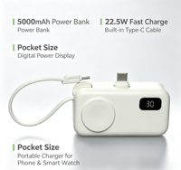 Power Bank Magnetik 5000mAh 22.5W PD Pengisi Daya Cepat dengan Kabel Tipe C Terintegrasi Layar Digital Ukuran Saku Portabel