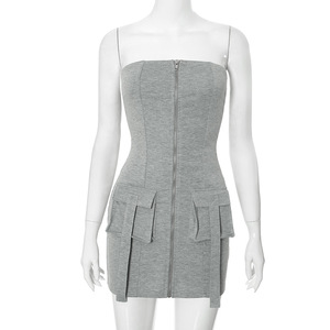 Vestido de tubo ajustado sin mangas de color liso vintage al por mayor con bolsillos y cremallera para mujer, ideal para club y moda. - Product Image 3