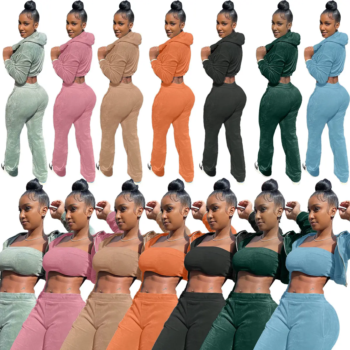 Velour Crop Jacket Tracksuit 3 Piece Winter Outfits for Women Zipper Sweatsuit Crop Tops Autumn Velour Tracksuit Sets