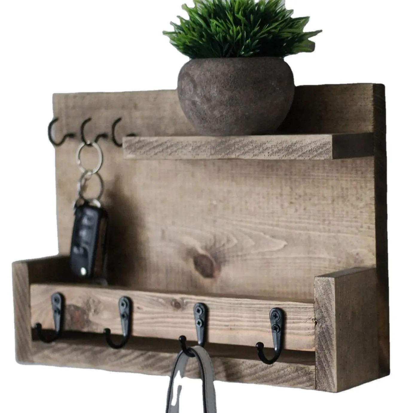 Brown Rustic Wood Mail Organizer Wall Mount Key Holder Mail and Key Holder / Wood Shelf / Entryway Shelf