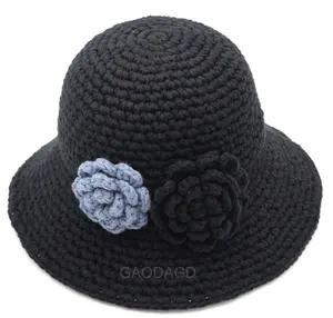 DS, venta al por mayor, sombrero de cubo de ganchillo a mano de algodón, sombrero de invierno, gorro con flor para mujer