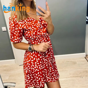Ehanking Women's Short Sleeve V-Neck Beach Dress Female Casual <b>Spot</b> Print Ruffle Dresses Sexy Mini Dress - Product Image 5