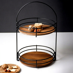 Premium 2 Tier Acacia Wood Cake Stand <b>Round</b> <b>Serving</b> <b>Tray</b> with Metal Frame Handles Luxury Dessert Drink Food Display Platter - Product Image 3