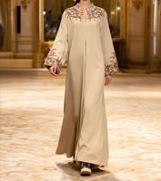 Robe Abaya en Polyester à Col en V avec Motif Floral Brodé, Robe Longue à Manches Longues pour Femmes Musulmanes du Moyen-Orient, Robe de Dubaï