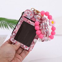 Gelang Kunci Kulit Motif Bunga Bohemian Gaya Baru dengan Gantungan Kunci, Tempat Kartu, Manik-Manik Silikon, dan Dompet
