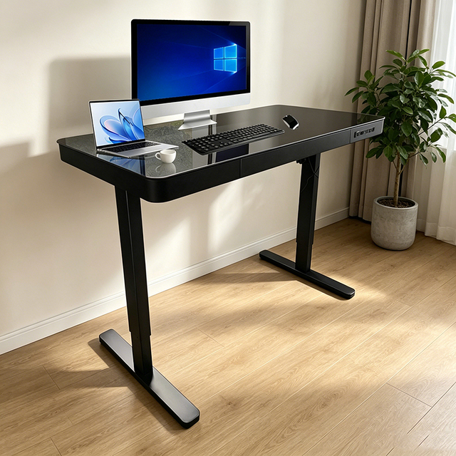 Multi-function Glass Table Top Electric Smart Adjustable Office Desk with Hidden Drawer Workstation Black 1200*600
