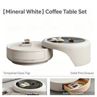 Ensemble de table basse moderne et mobile en crème avec meuble TV et tiroir de rangement, meubles de salon en verre trempé et acier inoxydable
