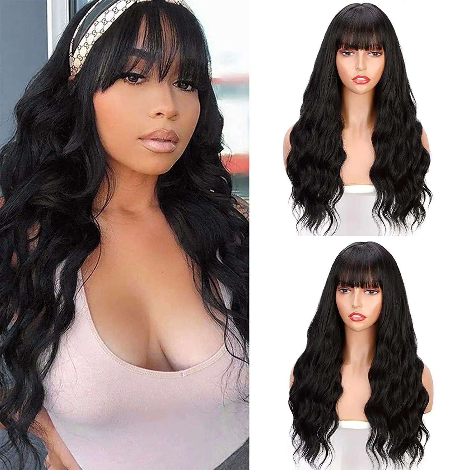 Amazon hot selling machine made 24 inches black Natural Wave synthetic hair Wigs with Bangs