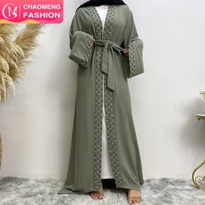 1838# Hot Sale Pearl Abaya High Quality Crepe Long Sleeve Open Abayas <b>Cardigan</b> Middle East Islamic Fashion Clothing - Product Image 1