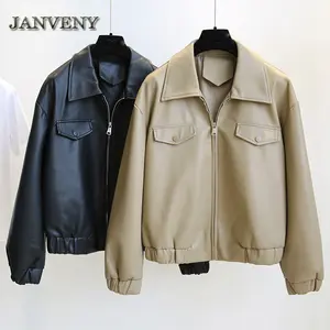 JANVENY-abrigo de cuero suave suelto para <span class=keywords><strong>mujer</strong></span>, <span class=keywords><strong>chaqueta</strong></span> de béisbol de cuero sintético con solapa de manga larga y bolsillos grandes, primavera y otoño, 2023 - Product Image 1