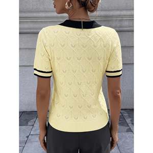 Suéter Polo Calado con Bloques de Color para Mujer, Manga Corta, Cuello Blanco y Negro, Top de Punto, Moda Casual - Product Image 5