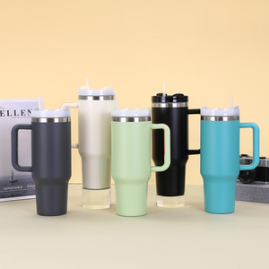 Taza de café de viaje de doble pared reutilizable de 40oz, <span class=keywords><strong>vaso</strong></span> 304 con asa, <span class=keywords><strong>vaso</strong></span> de agua aislado con tapa y pajita para coche - Product Image 4