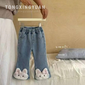 Girls Denim Flared Trousers Blue Fleece <b>Lined</b> Cartoon Cat Kids Winter <b>Pants</b> Long Casual Childrens Jeans - Product Image 1