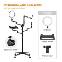 MDS11-2 Studio tout-en-un autonome pour diffusion en direct mobile avec support multi-appareils, anneau lumineux LED, support de micro sur perche et support pour ordinateur portable