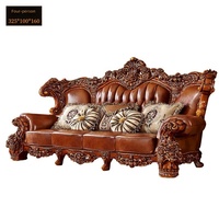 Canapé de salon sectionnel de luxe de style royal européen, en bois de chêne massif, sculpté vintage, en cuir véritable marron, avec éponge, 1+2+3 places