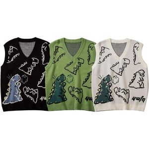 เสื้อกั๊กไหมพรมลายไดโนเสาร์สำหรับผู้ชาย FOXA แบบไม่มีแขน สวมใส่สบายๆ ดีไซน์ลายปักแบบวาดด้วยมือ - Product Image 3