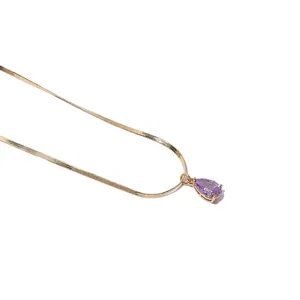 Fashion Big Purple CZ Zirconia Necklace Elegant Water Drop Shape Snake Chain Necklace For Women Girl