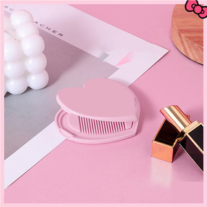 Miroir de maquillage compact en plastique en forme de cœur rose avec peigne, miroir de poche pliable simple face, mini miroir de poche rond pour cosmétiques - Product Image 6
