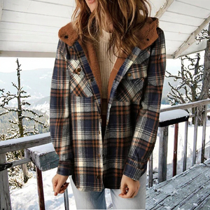 2026 Women's Single Breasted Long-Sleeved Fluffy Hooded Plaid <b>Jacket</b> Pocket Autumn Winter Casual All-Match European Plain Dyed - Product Image 2