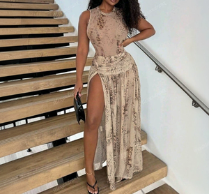 Viviblook J26ST091 New Women Summer Skirt <b>Set</b> Snake Print Sleeveless Bodysuit Maxi Slit Skirt Two Piece <b>Set</b> - Product Image 2