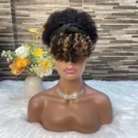 YWhair Perruque en cheveux humains, densité 150%, style Afro Ice Ribbon Elf, coupe Pixie bouclée, couleurs brésiliennes naturelles, avec bandeau en soie glacée