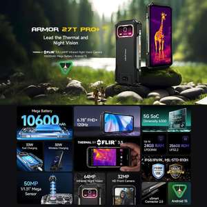 Teléfono Resistente <span class=keywords><strong>Ulefone</strong></span> <span class=keywords><strong>Armor</strong></span> 27T <span class=keywords><strong>Pro</strong></span>+ con Imagen Térmica FLIR 3.5, 12GB+256GB, Visión Nocturna, 10600mAh, Android 15, NFC, Smartphone 5G - Product Image 1