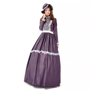 European American Style Women's Long Dark <b>Purple</b> Satin Dress Set With <b>Hat</b> Noblewoman Princess Retro Court Gown Full Sleeve - Product Image 5