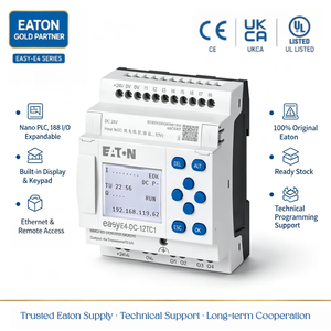 Relé Lógico Programable Eaton <span class=keywords><strong>EasyE4</strong></span> AC-12RC1P RTC 12 I/O 8DI 4RO 100-240V AC, Controlador PLC para Riel DIN, Certificado CE - Product Image 1