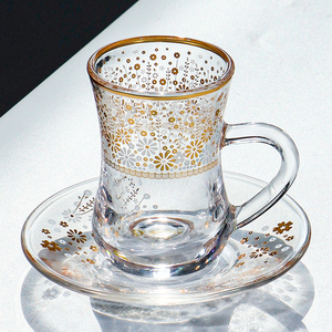 Золотая кофейная чашка в турецком стиле с индивидуальным дизайном, классическая стеклянная чашка для послеобеденного чая и свадебного торжества с блюдцем в комплекте - Product Image 4