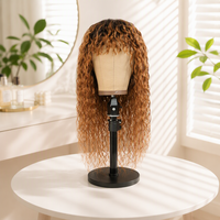 Perruque complète sans colle, fabriquée à la machine, en cheveux indiens longs 100% vierges, blond miel, bouclés Jerry, avec frange aérienne, haute densité, sans dentelle