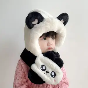 도매 겨울 따뜻한 두꺼운 봉제 아이 아기 컷 곰 팬더 토끼 귀 모자와 스카프 통합