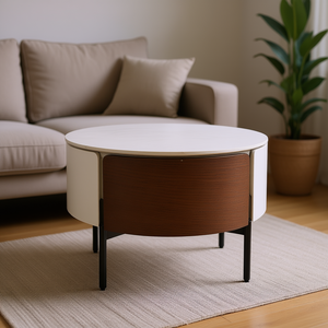 Modern Round White Real Wood <b>Coffee</b> <b>Table</b> With Drawers Metal Legs <b>Circular</b> Design Living Room Furniture - Product Image 2