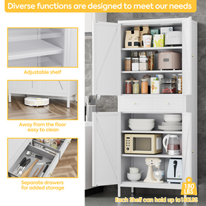Tall Kitchen Pantry with 4 Doors 2 Drawer Freestanding Pantry Cupboard <strong>White</strong> <strong>Storage</strong> <strong>Cabinet</strong> for Dining Room Office - Product Image 3