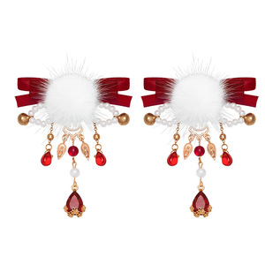 Pinzas para el pelo con pompones, accesorios para el cabello rojos, borlas de cinta de estilo chino, estilo antiguo Hanfu, tocado de felpa para el Año Nuevo, largo - Product Image 5