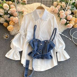 Venta al por mayor <span class=keywords><strong>de</strong></span> blusa <span class=keywords><strong>de</strong></span> <span class=keywords><strong>moda</strong></span> <span class=keywords><strong>de</strong></span> talla grande ropa <span class=keywords><strong>de</strong></span> mujer nueva manga <span class=keywords><strong>de</strong></span> burbuja <span class=keywords><strong>de</strong></span> mezclilla correa <span class=keywords><strong>de</strong></span> dos piezas conjunto superior - Product Image 2